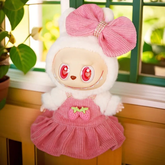 Labubu Strawberry Dress – Pink Outfit with Shoes & Pendant for Vinyl Dolls