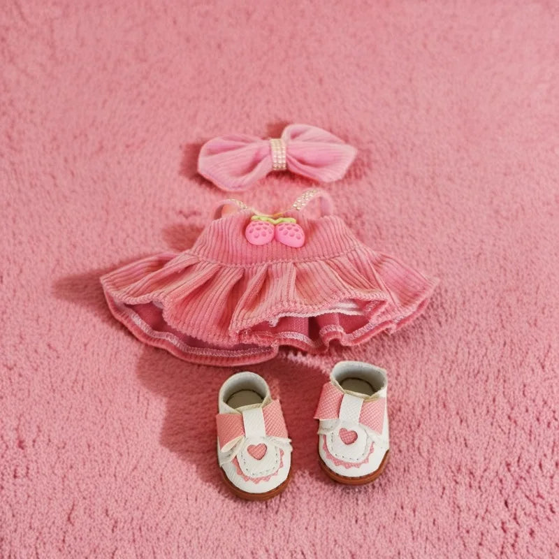 Labubu Strawberry Dress – Pink Outfit with Shoes & Pendant for Vinyl Dolls